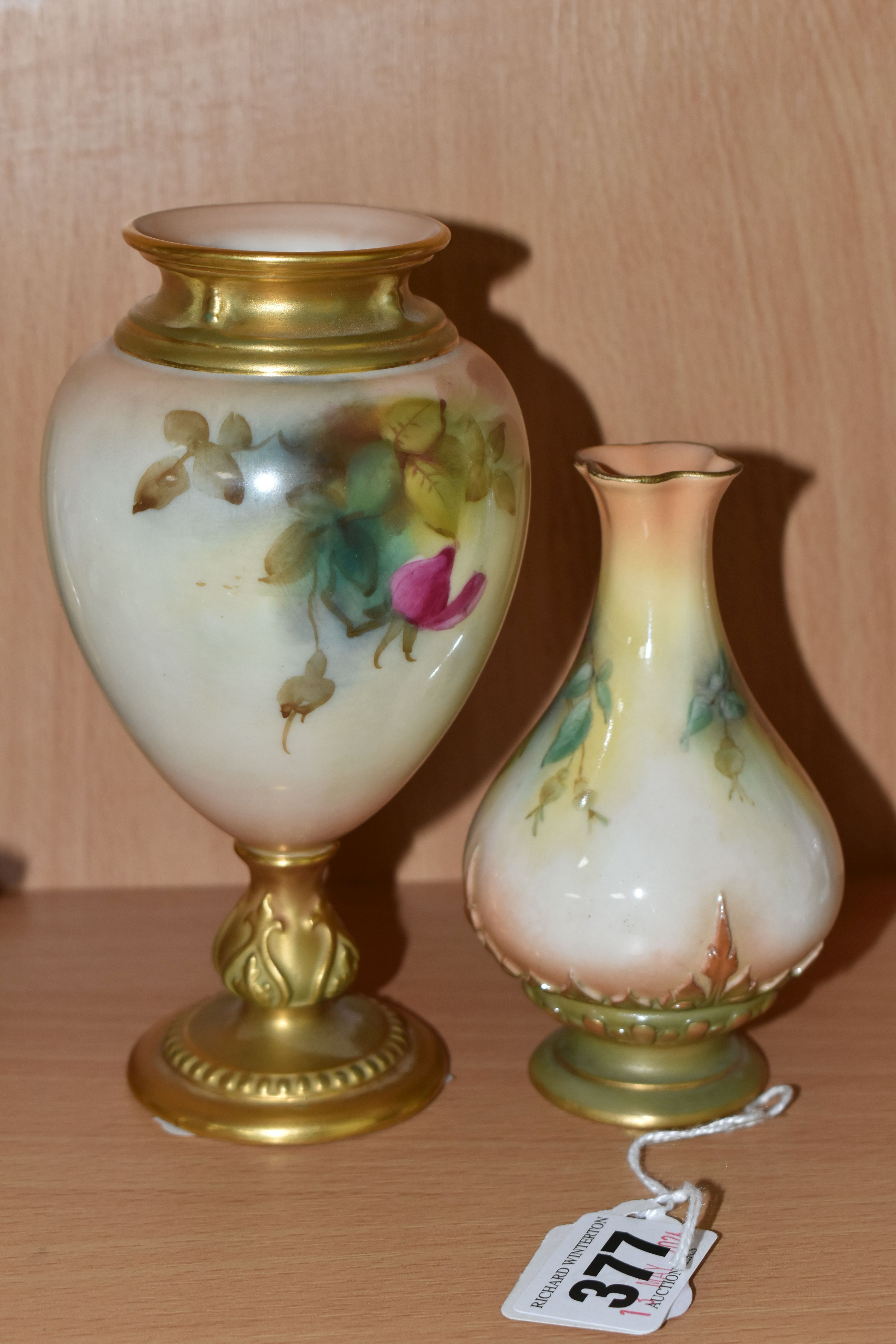 TWO ROYAL WORCESTER BLUSH IVORY VASES, comprising a relief moulded bud vase, model No. 285 decorated - Image 4 of 5