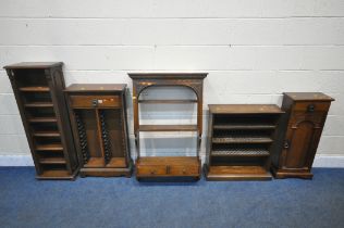 A SELECTION OF LATE 20TH CENTURY OAK OCCASIONAL FURNITURE, INCLUDING two cd racks, a wall hanging