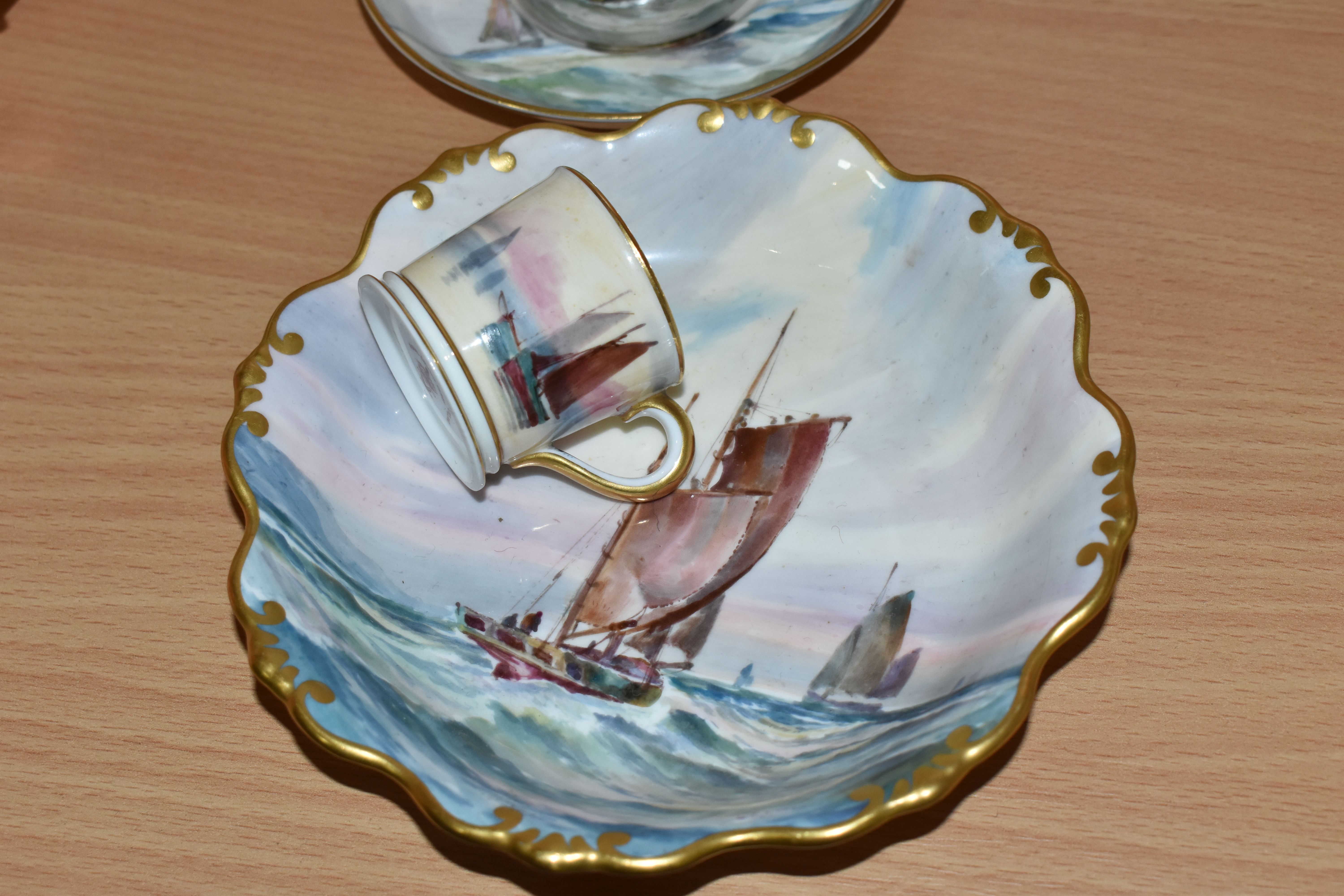 A GROUP OF ROYAL CROWN DERBY PAINTED BY W E J DEAN, painted with scenes of ships and boats, - Image 2 of 4