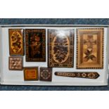 A COLLECTION OF TUNBRIDGEWARE, comprising three parquetry inlaid calling card cases, two are