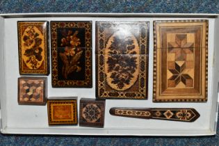 A COLLECTION OF TUNBRIDGEWARE, comprising three parquetry inlaid calling card cases, two are