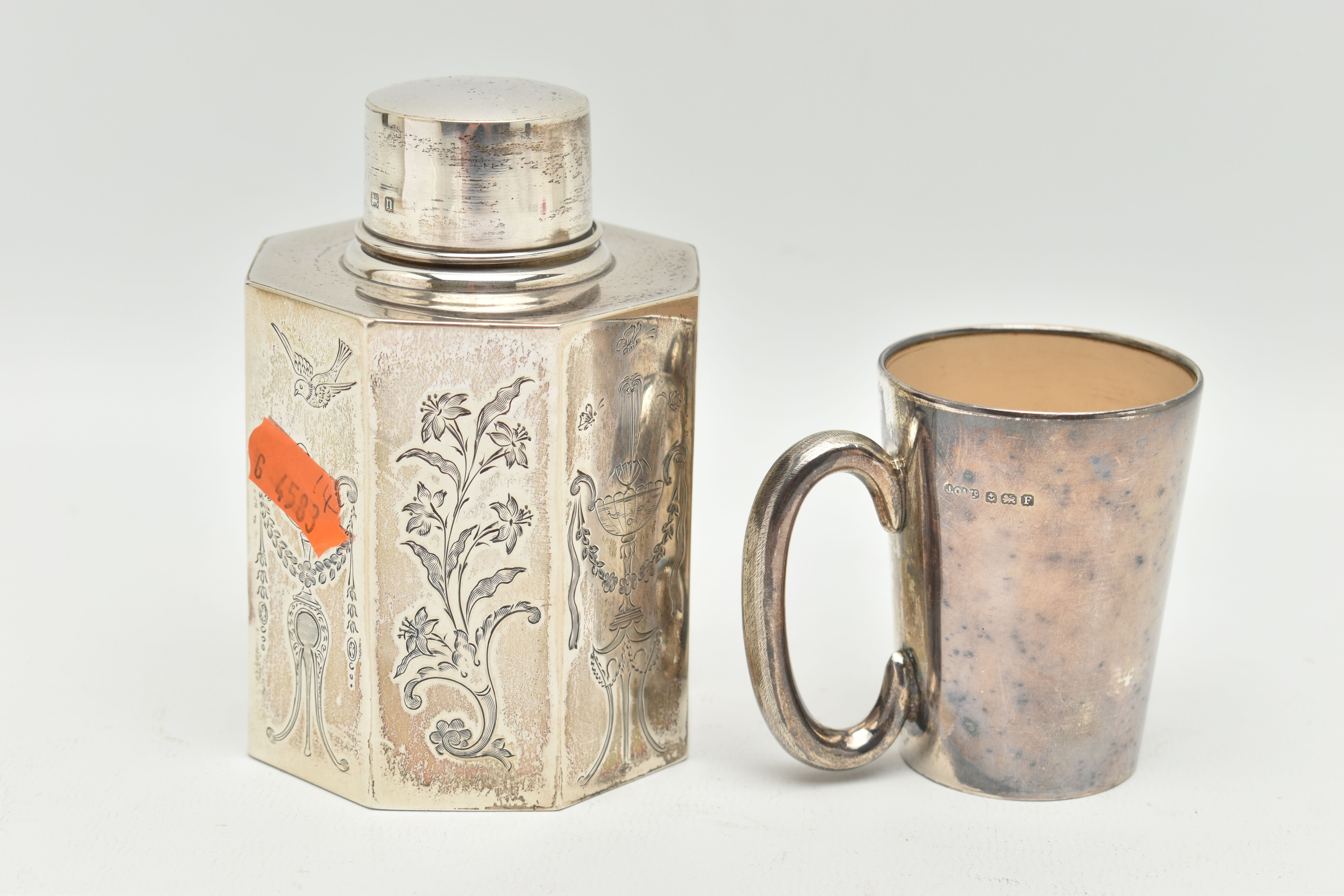 A SILVER TEA CADDY AND A SILVER TRAVEL CUP, the octagonal tea caddy with engraved decoration - Image 3 of 5