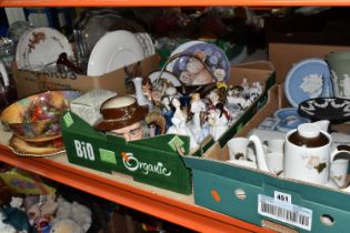 FOUR BOXES OF CERAMIC ORNAMENTS AND GLASSWARE INCLUDING ROYAL DOULTON, COALPORT, AND ROYAL WESSEX