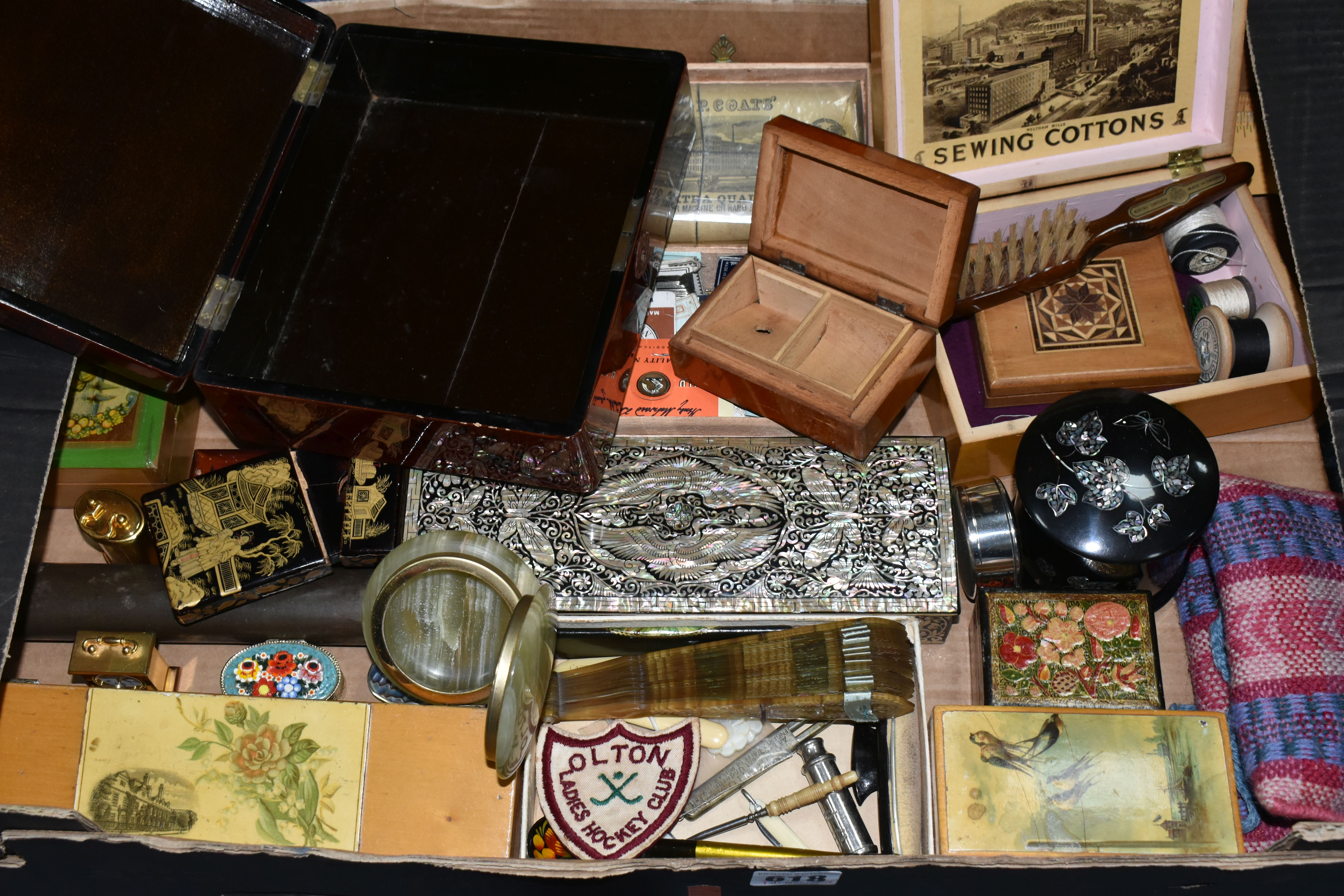 A BOX OF VICTORIAN AND LATER BOXES AND COLLECTABLES, including a sealed pack of J & P Coats cable - Image 4 of 6