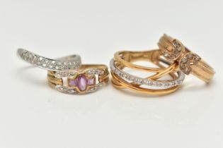 FOUR 9CT GOLD RINGS, the first a white gold shaped band ring, grain set with round brilliant cut
