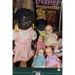 ONE BOX OF VINTAGE DOLLS, to include a 1950's boxed Palitoy walking doll in original dress and