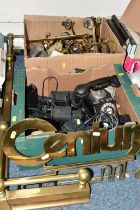 TWO BOXES OF METALWARE AND SUNDRIES, including brass wall lights, door furnishings, Century 21 sign,