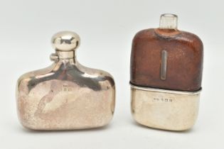 TWO HIP FLASKS, the first of plain form with hinged lid, hallmark for Joseph Gloster, Birmingham