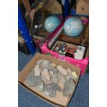 TWO BOXES OF SUNDRIES INCLUDING A LARGE COLLECTION OF CORINTHIAN FOOTBALL FIGURES, FOSSILS AND