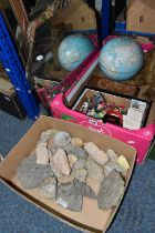 TWO BOXES OF SUNDRIES INCLUDING A LARGE COLLECTION OF CORINTHIAN FOOTBALL FIGURES, FOSSILS AND