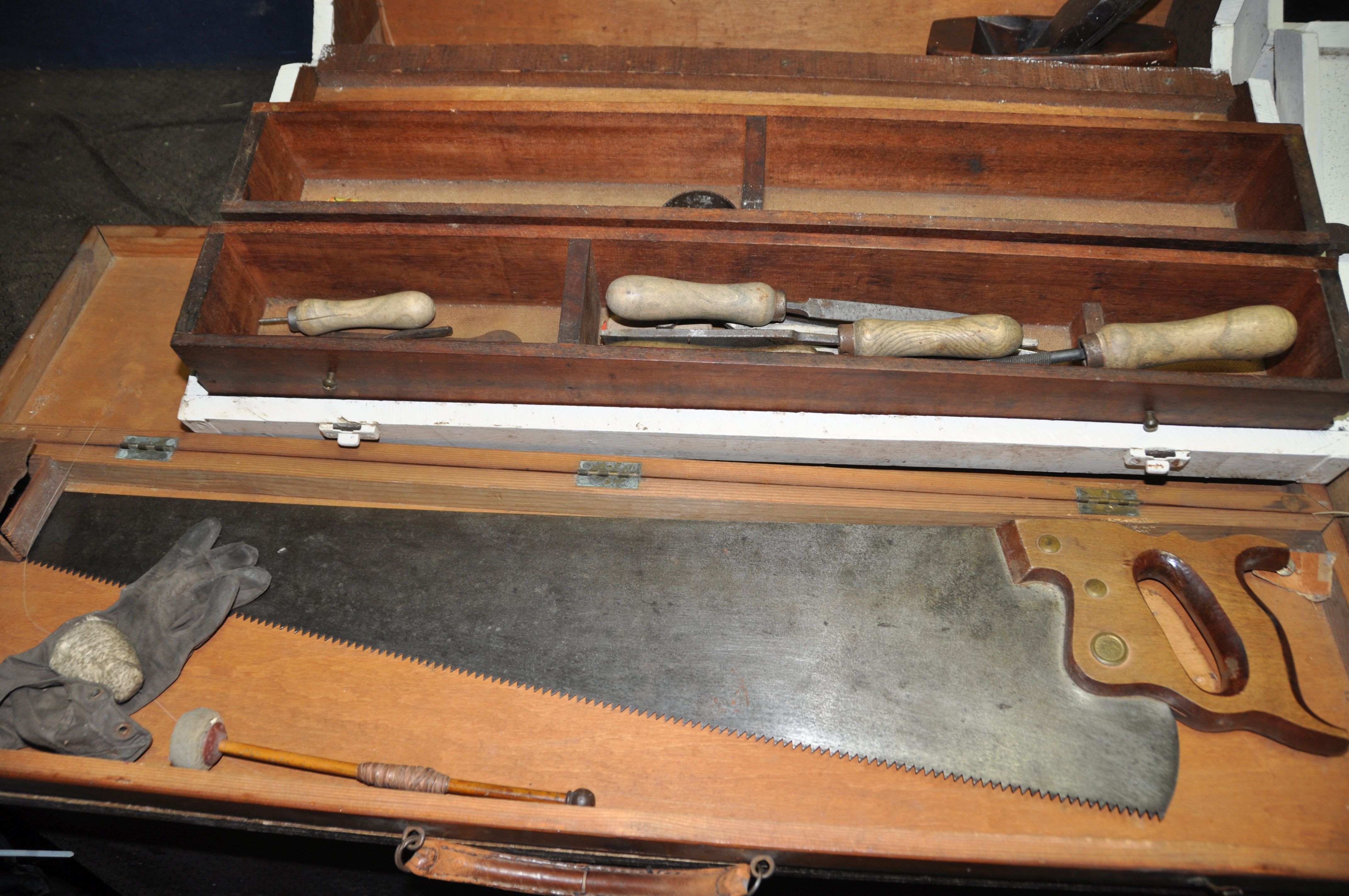 TWO WOODEN CARPENTERS TOOLBOXES CONTAINING TOOLS including a boxed saw, toolmakers clamps, files, - Image 2 of 6