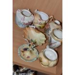 SEVEN PIECES OF WORCESTER PORCELAIN, six pieces of Royal Worcester, comprising a handled vase