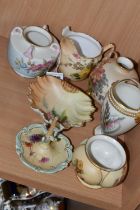 SEVEN PIECES OF WORCESTER PORCELAIN, six pieces of Royal Worcester, comprising a handled vase