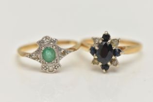 TWO GEM SET RINGS, the first an 18ct gold sapphire and diamond cluster ring, 18ct hallmark partially