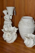 FOUR PIECES OF BELLEEK GIFTWARE, comprising a figure of a girl carrying a basket, 9th mark 1997-