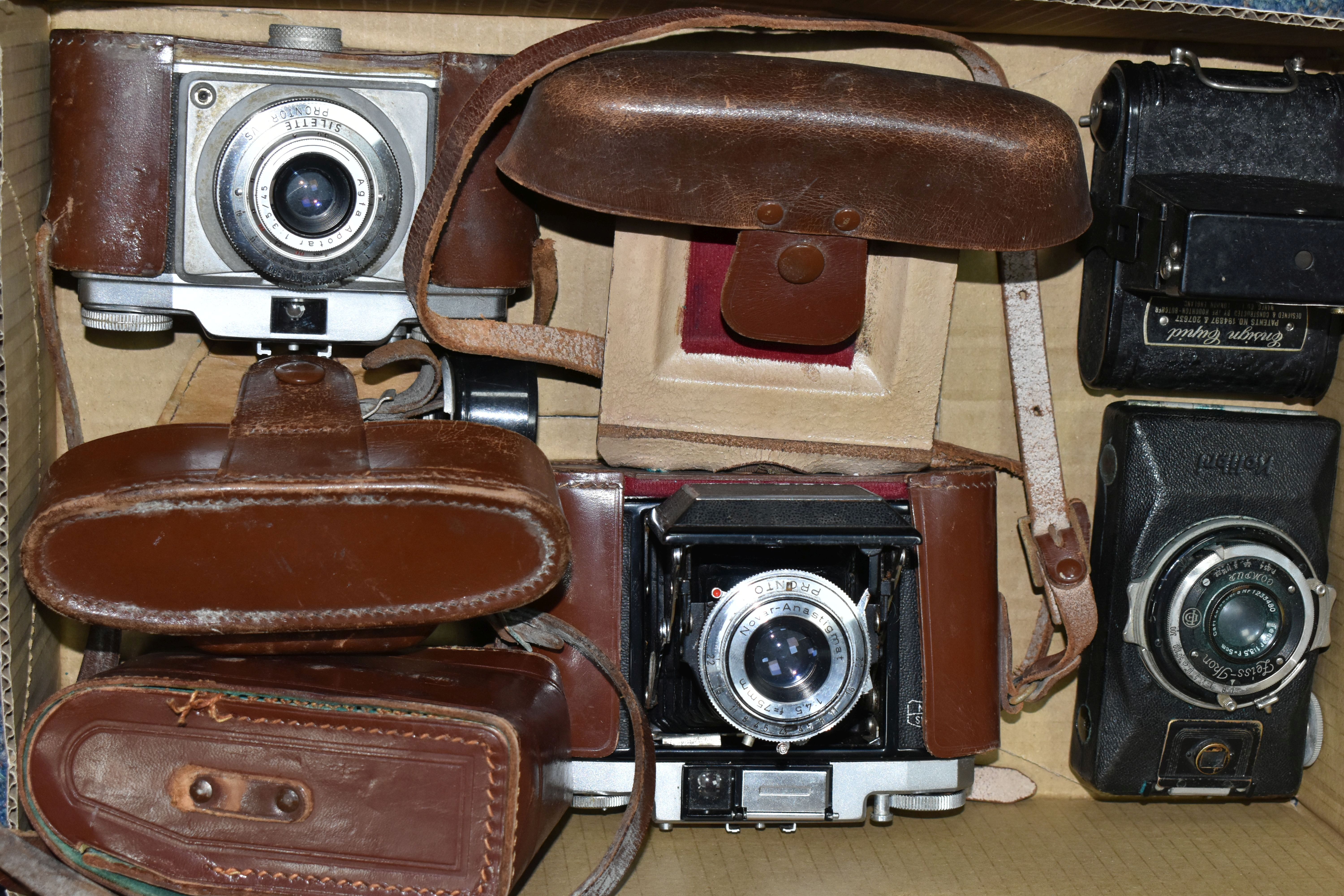 ONE BOX OF VINTAGE CAMERAS, to include an Ensign 'Cupid' , a Zeiss-Ikon Kolibri compact Compur