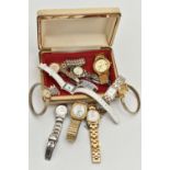 A SMALL BOX OF ASSORTED WRISTWATCHES, to include a ladies 'Tissot' quartz, round mother of pearl