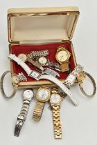 A SMALL BOX OF ASSORTED WRISTWATCHES, to include a ladies 'Tissot' quartz, round mother of pearl