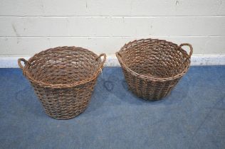 TWO LARGE WICKER BASKETS, with twin handles, diameter 69cm x height 55cm (condition report: both