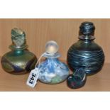 THREE ISLE OF WIGHT GLASS SCENT BOTTLES AND A SMALL BIRD FIGURE, the largest a blue iridescent glass