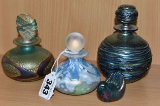 THREE ISLE OF WIGHT GLASS SCENT BOTTLES AND A SMALL BIRD FIGURE, the largest a blue iridescent glass