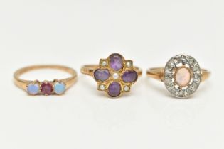 THREE 9CT GOLD GEM SET RINGS, to include an opal cabochon and single cut diamond cluster ring, an