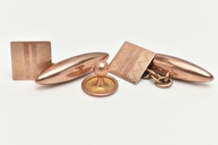A PAIR OF 9CT GOLD CUFFLINKS AND A SINGLE DRESS STUD, rose gold, square cufflinks with engine turned