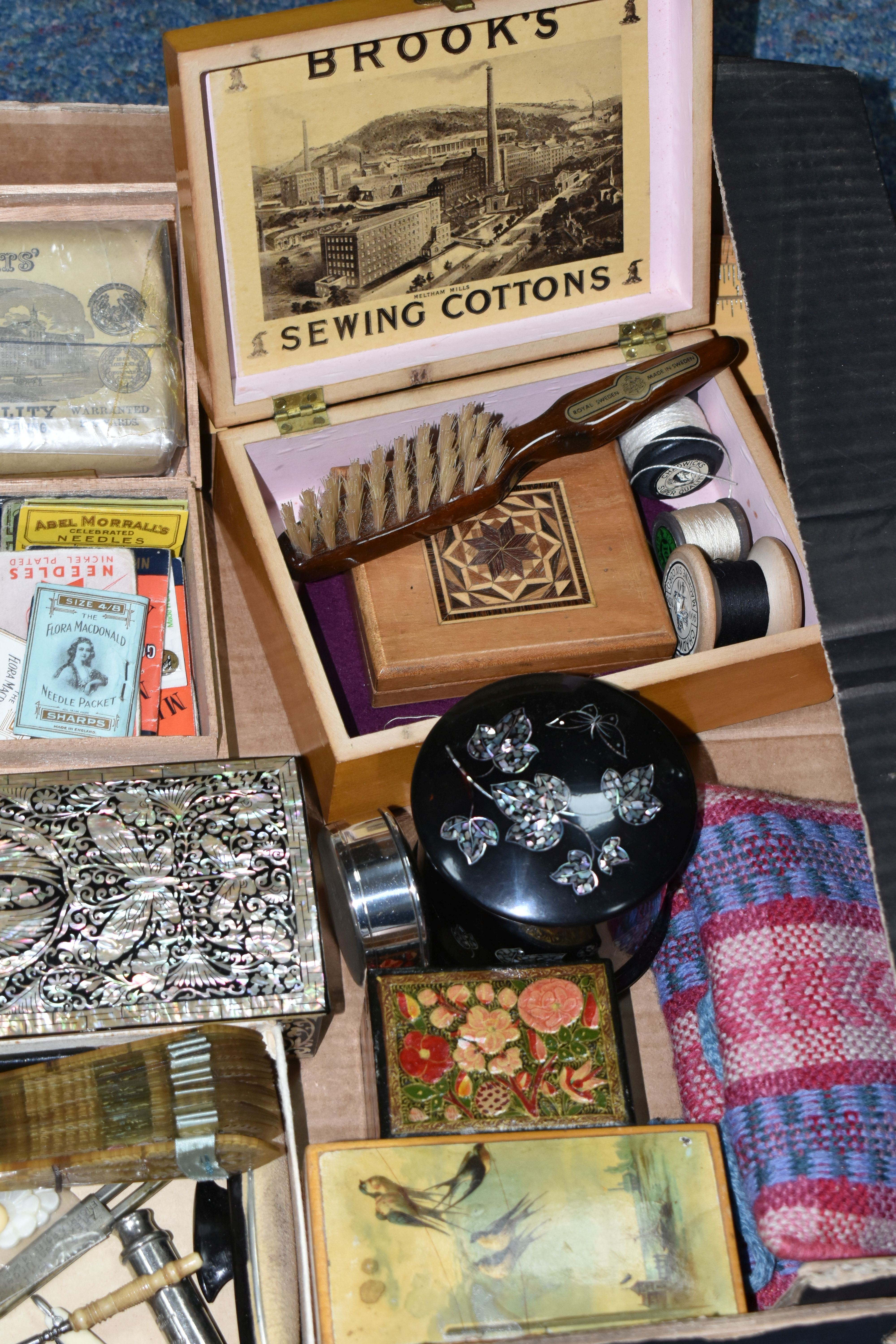 A BOX OF VICTORIAN AND LATER BOXES AND COLLECTABLES, including a sealed pack of J & P Coats cable - Image 2 of 6