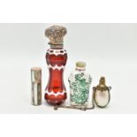 FOUR SCENT BOTTLES, to include a red and white glass scent bottle of waisted form with white metal