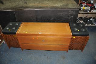 A MID CENTURY HMV RADIO GRAM with Garrard 3000 turntable (not turning) and a pair of stool