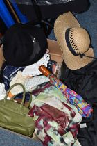 A BOX OF HATS, BAGS AND TEXTILES AND FIVE ITEMS OF LADIES' CLOTHING, including a Classics black