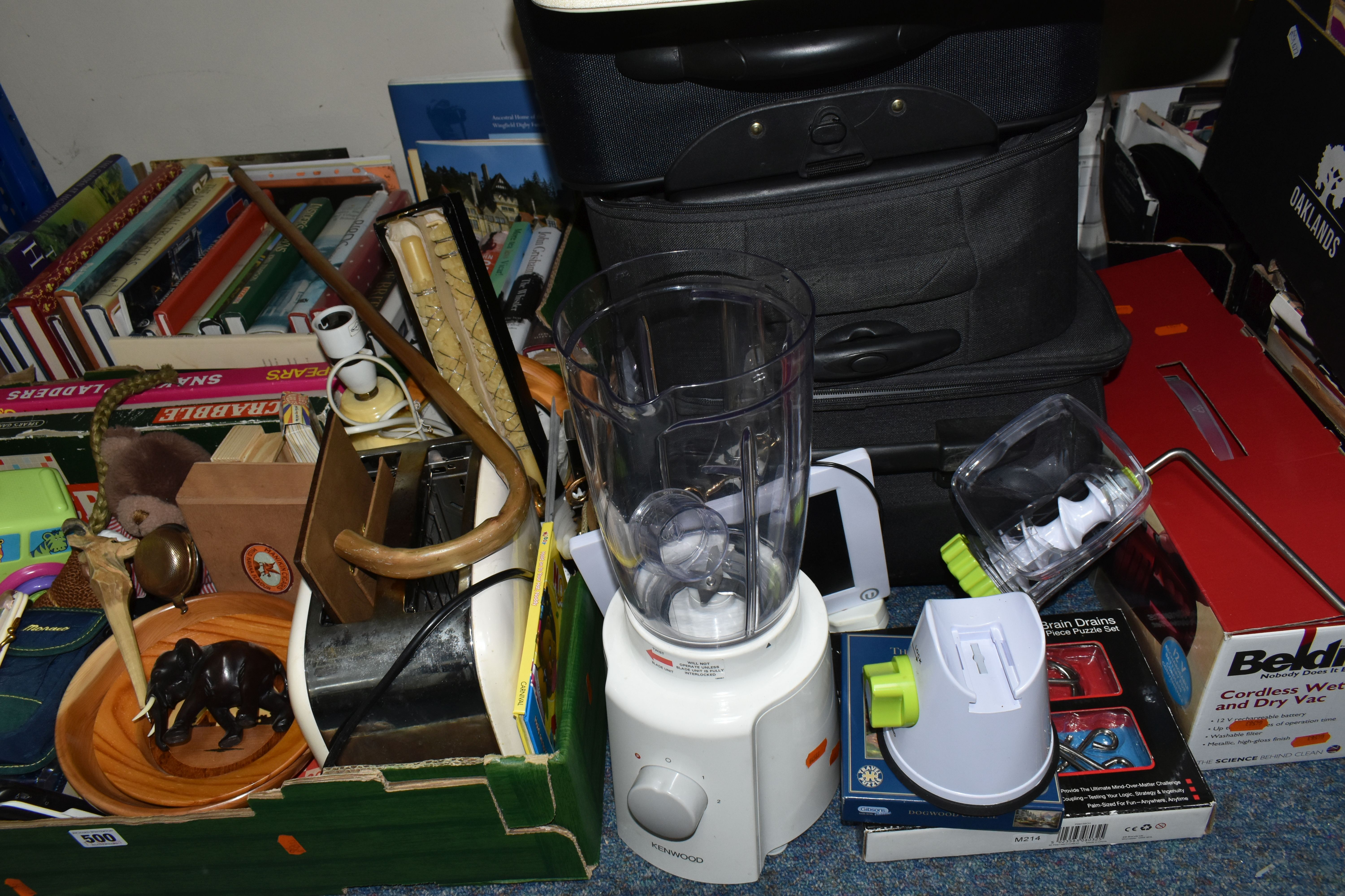 TWO BOXES OF MISCELLANEOUS SUNDRIES, to include four suitcases, a Kenwood blender, a boxed Beldray