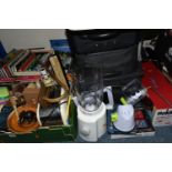 TWO BOXES OF MISCELLANEOUS SUNDRIES, to include four suitcases, a Kenwood blender, a boxed Beldray