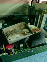 TWO BOXES AND LOOSE ADVERTISING TINS, PICTURES AND SHOES, to include approximately twenty vintage