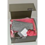 A BOXED JUDITH LEIBER DOUBLE SIDED SILVER DIAMANTE BAG, with grey satin exterior and pink satin