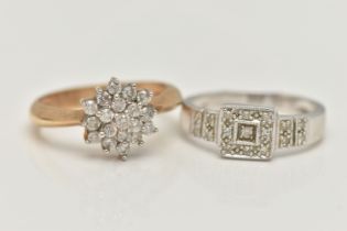 TWO 9CT GOLD DIAMOND RINGS, the first a white gold square form diamond cluster ring, hallmarked