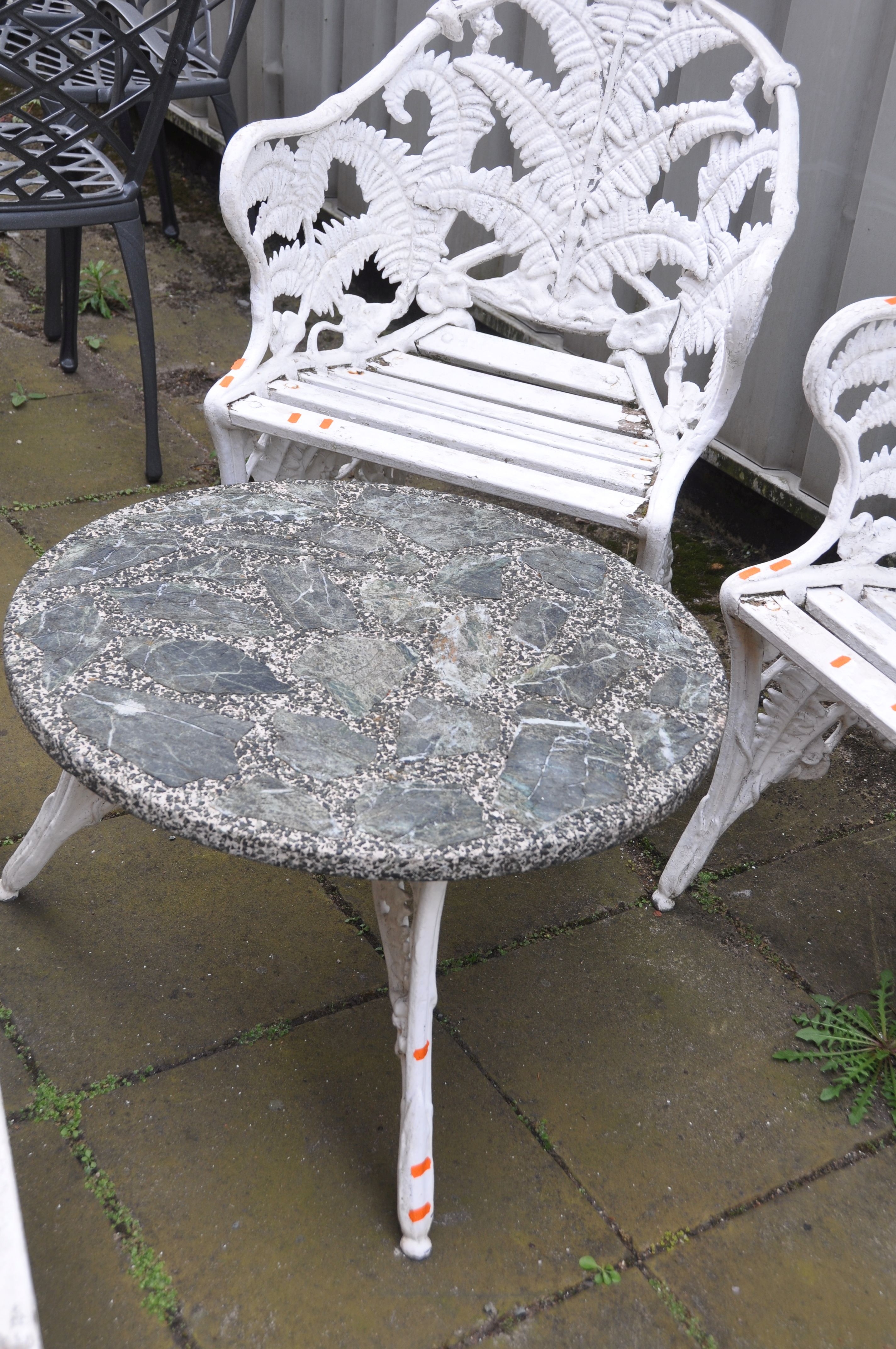 A LATE 20TH CENTURY CAST ALUMINIUM GARDEN SET comprising of a three seat bench and two matching - Image 3 of 4