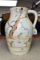 A CLARICE CLIFF SINGLE HANDLED LOTUS JUG, in Tiger Tree pattern, painted with a stylised tree on a