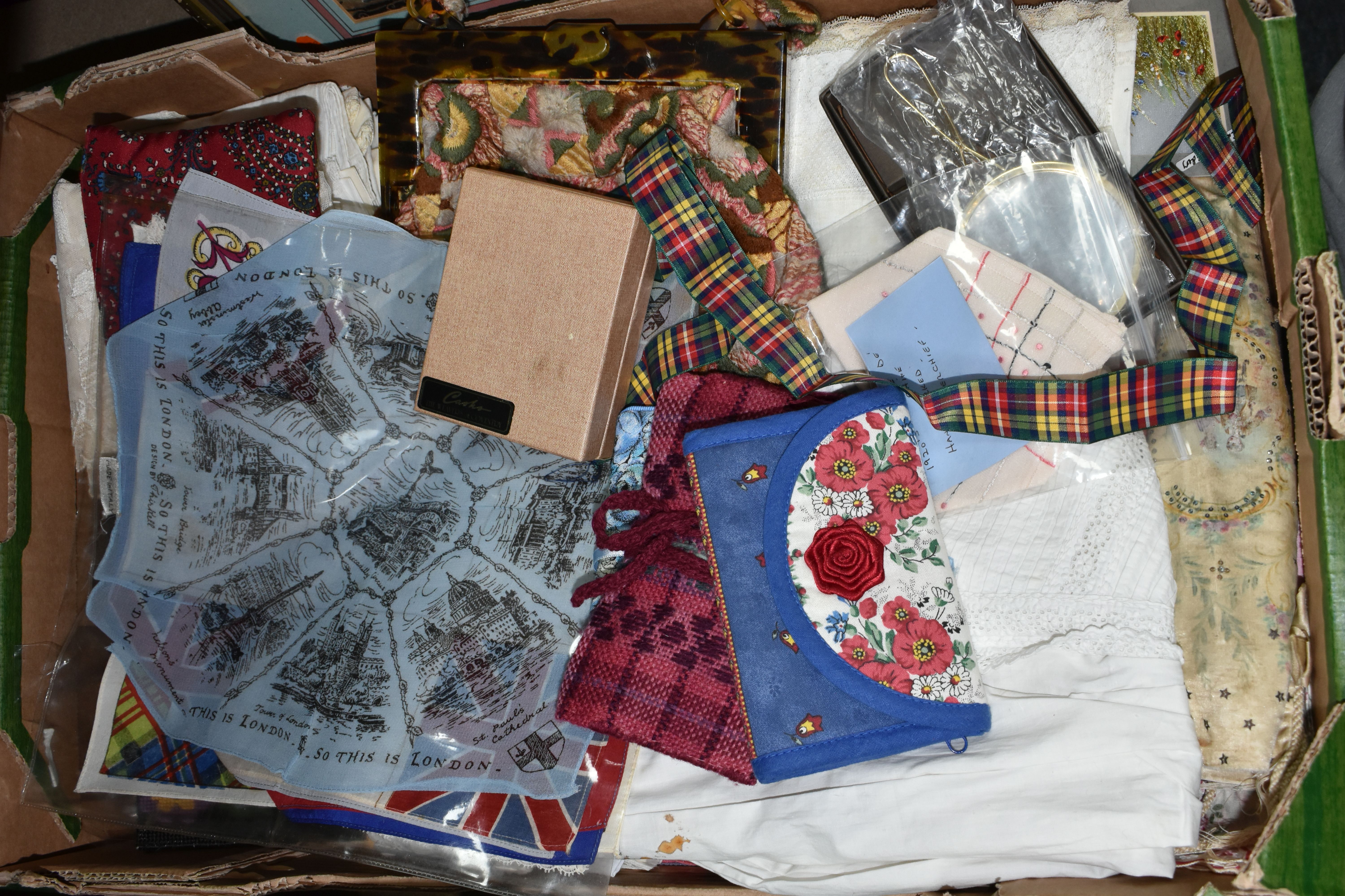 ONE BOX OF VINTAGE HANDKERCHIEFS, EMBROIDERY KITS, AND SNAKE SKIN HANDBAGS, with a large - Image 4 of 6