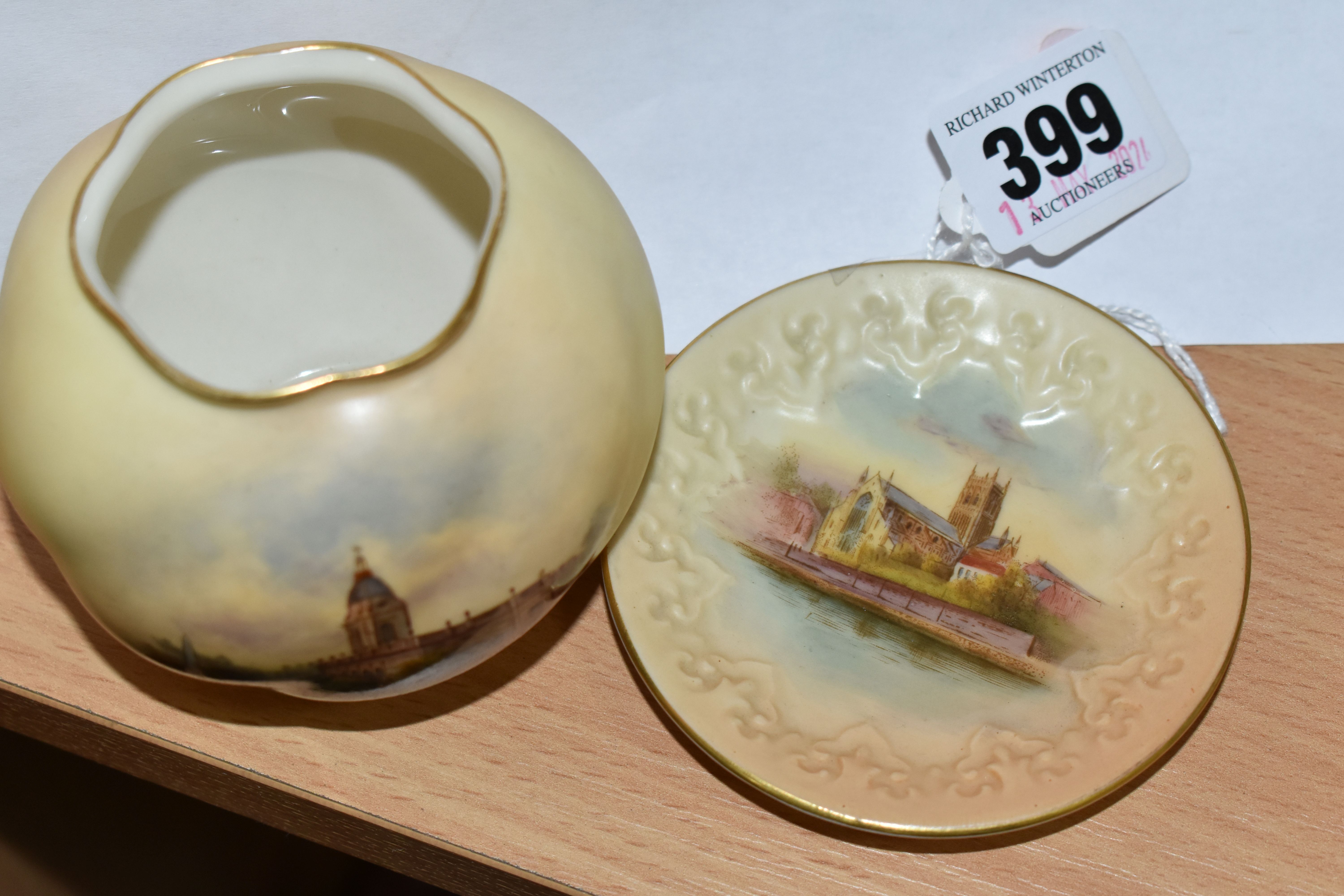 A ROYAL WORCESTER POSY VASE AND PIN DISH, comprising an unsigned posy vase decorated with Birmingham - Image 2 of 6