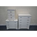 A MODERN WHITE CHEST OF FIVE DRAWERS, width 76cm x depth 43cm x height 101cm, a matching three