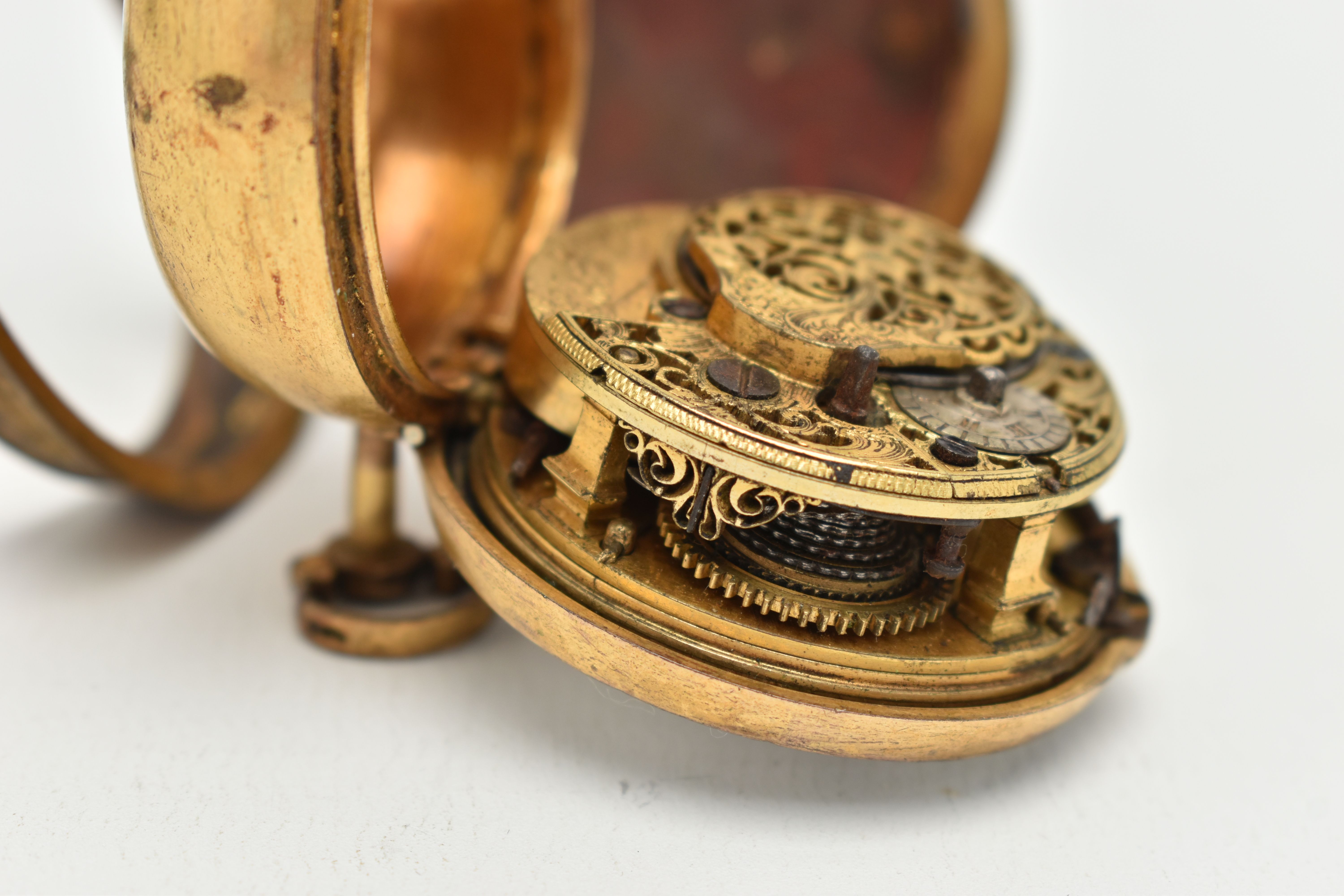 A GILT METAL PAIR CASE, OPEN FACE POCKET WATCH, key wound, round white dial, Roman numerals, missing - Image 7 of 7