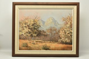 TED HOEFSLOOT (1930-2013) 'LOW VELD SCENE', a South African landscape with distant mountains, signed