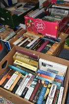 EIGHT BOXES OF BOOKS, featuring a number of historical novels, thrillers, crime, espionage, as