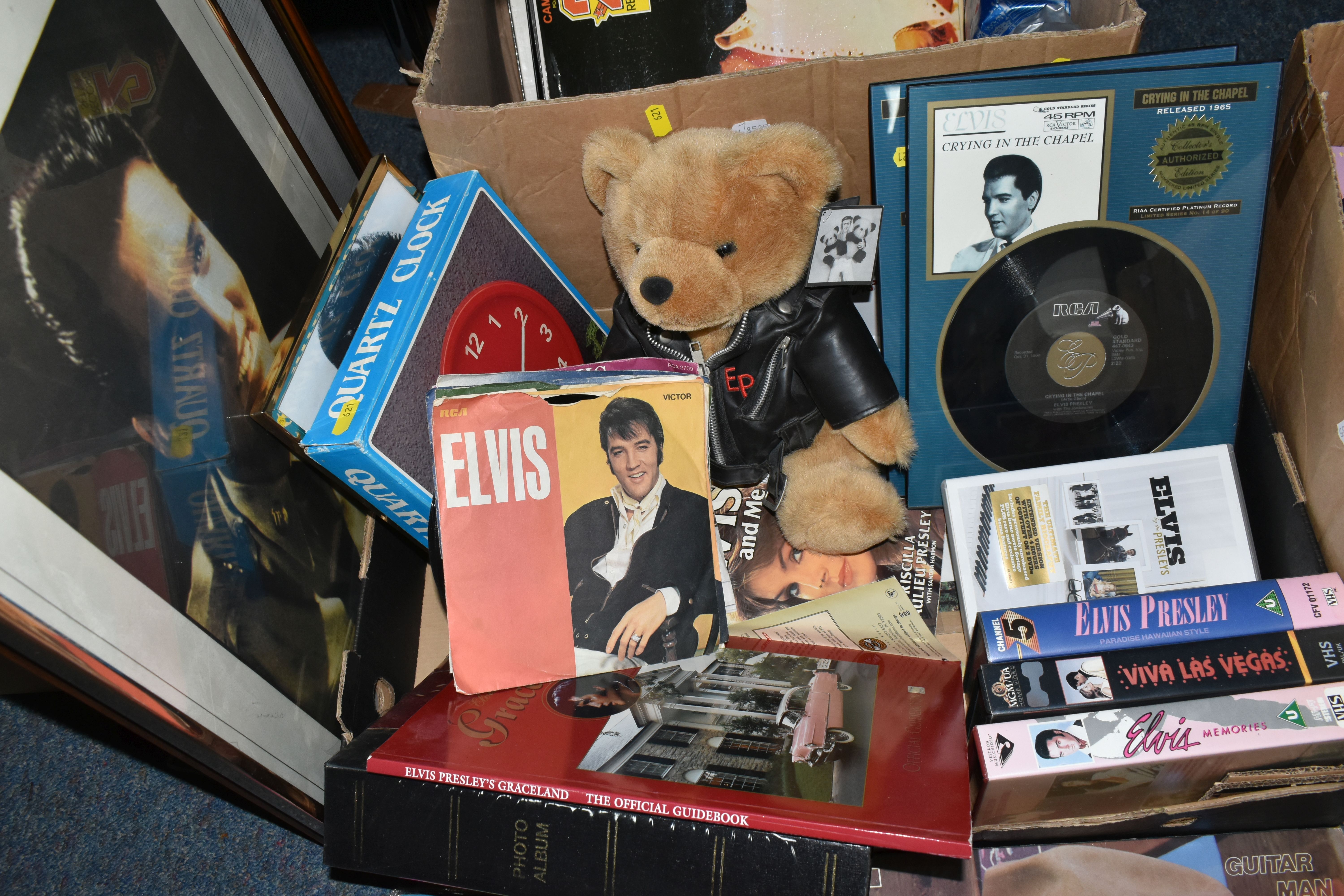 TWO BOXES OF ELVIS PRESLEY LP RECORDS, FILMS AND MEMORABILIA, to include a framed collector's - Image 2 of 5