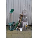 A SELECTION OF GARDEN TOOLS AND EQUIPMENT including two aluminium step ladders, a wooden step