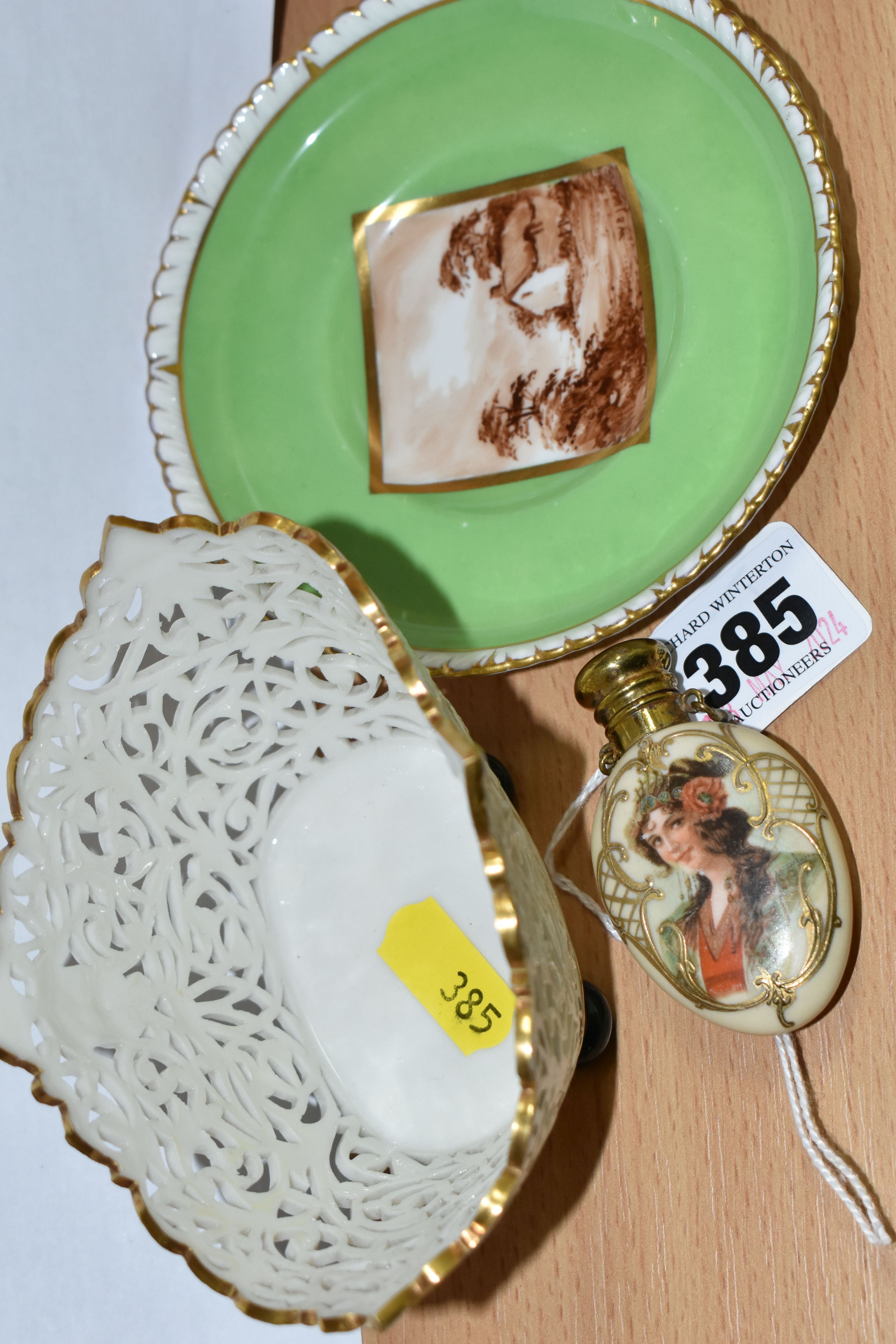 TWO PORCELAIN SCENT FLASKS, RETICULATED POT AND ROYAL CROWN DERBY SAUCER, comprising an ivory - Image 3 of 6