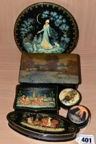 A COLLECTION OF RUSSIAN LACQUER ART BOXES AND PLAQUE, comprising a circular plaque, a cigarette