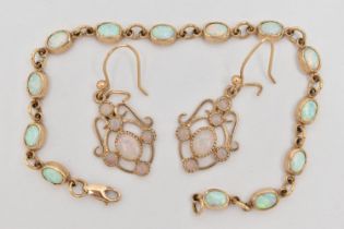 A 9CT GOLD BRACELET AND EARRINGS, a yellow gold line bracelet collet set with thirteen synthetic