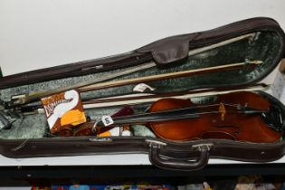 A CASED VIOLIN WITH THREE BOWS, comprising a violin with two piece back, outlined throughout with
